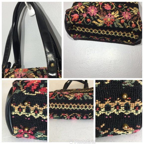 Vintage 50s 60s Needlepoint Tapestry Carpet Bag Black Colorful Floral Purse - Picture 3 of 16